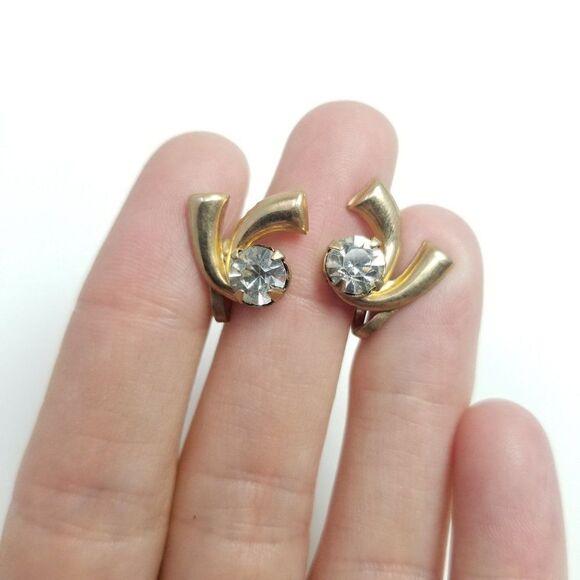 Vintage Retro Rhinestone Gold Tone Clip On Earrings Screw Backs, Minimal Sparkle - Picture 6 of 6